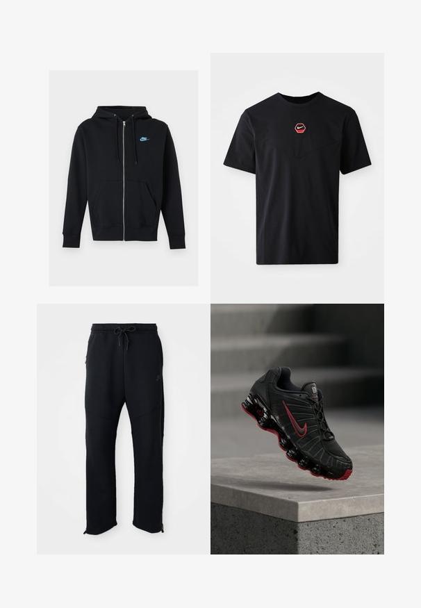 Čierna mikina s kapucňou na zips, prednými vreckami, sťahovacími šnúrkami na kapucni a malým modrým logom Nike na ľavej strane hrude.; Čierne tričko s krátkym rukávom z bavlny, s červeno-bielym šesťuholníkovým logom Nike na hrudi a zaobleným výstrihom.; Čierne športové nohavice s elastickým pásom a šnúrkou, majú postranné vrecká, zúžené nohavice a zipsy na členkoch. Hladká textúra.; Čierno-červená športová obuv Nike s viditeľnou pružinovou podrážkou, balansujúca na okraji betónového schodu.