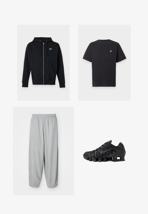 Sort hettejakke med glidelås, frontlommer, snorer på hetten og lite blått Nike-logo på venstre bryst.; Svart Nike Air T-skjorte med korte ermer, rund hals og liten hvit logo på venstre bryst.; Lys grå, løse joggebukser laget av myk stoff. Elastisk midje og mansjetter ved anklene. Enkelt og uten pynt.; Svarte sportssko laget av mesh og syntetiske materialer, med et tydelig bølget design, svart gummisåle og reflekterende detaljer.