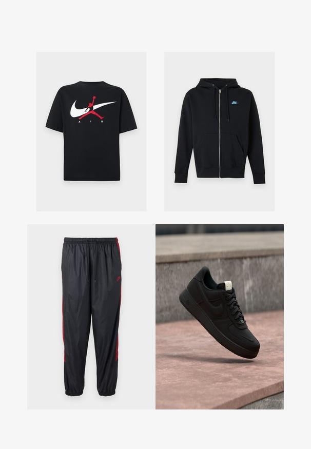 Sweat à capuche noir zippé avec poches avant, cordons sur la capuche et petit logo Nike bleu sur la poitrine gauche.; T-shirt en coton noir à col rond, avec un grand logo Nike swoosh blanc et un logo Jumpman rouge accompagné du texte "AIR" en blanc.; Pantalon de jogging noir Nike avec des bandes rouges sur les côtés, taille élastique à cordon de serrage et poignets élastiques.; Baskets Nike Air Force 1 noires flottant au-dessus d’un rebord en béton rose avec un fond en pierre grise, montrant des détails latéraux et supérieurs.