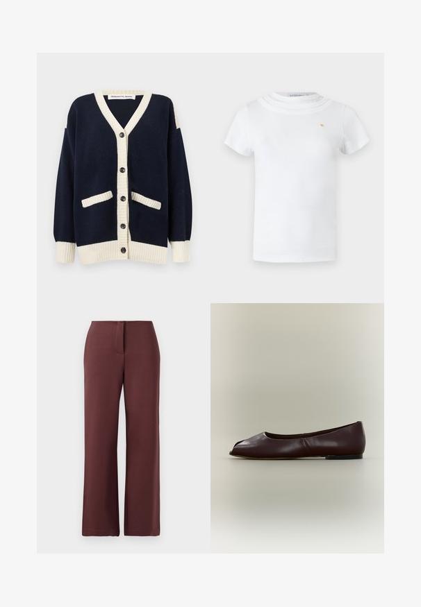 Marineblå cardigan med cremefarvede ribbede detaljer, V-hals, seks sorte knapper og to frontlommer. Lavet af blødt strikket materiale.; Hvid T-shirt med korte ærmer, rund lagdelt halsudskæring og lille guldfarvet emblem på venstre bryst.; Bordeaux brede bukser lavet af glat stof, med lynlås, skræddersyet pasform og rene linjer for et struktureret udseende.; Mørkebrun læder flad sko med åben tå og lav hæl på ensartet lys baggrund.