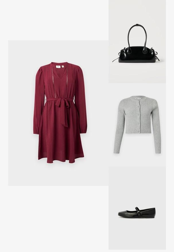 Grijze geribbelde cardigan met lange mouwen, knoopsluiting en ronde halslijn. Heeft een cropped ontwerp en een zachte textuur.; Bordeaux jurk met lange mouwen, V-hals, cinched taille en strikriem; heeft fijne stiksels rond de halslijn. Zachte stoftextuur.; Zwarte leren balletschoenen met een ronde neus, een platte zool en een dunne verstelbare band over de wreef met een metalen gesp.; Kleine zwarte glanzende handtas met twee lange hengsels en zijkant trekkoord details op een effen lichte achtergrond.
