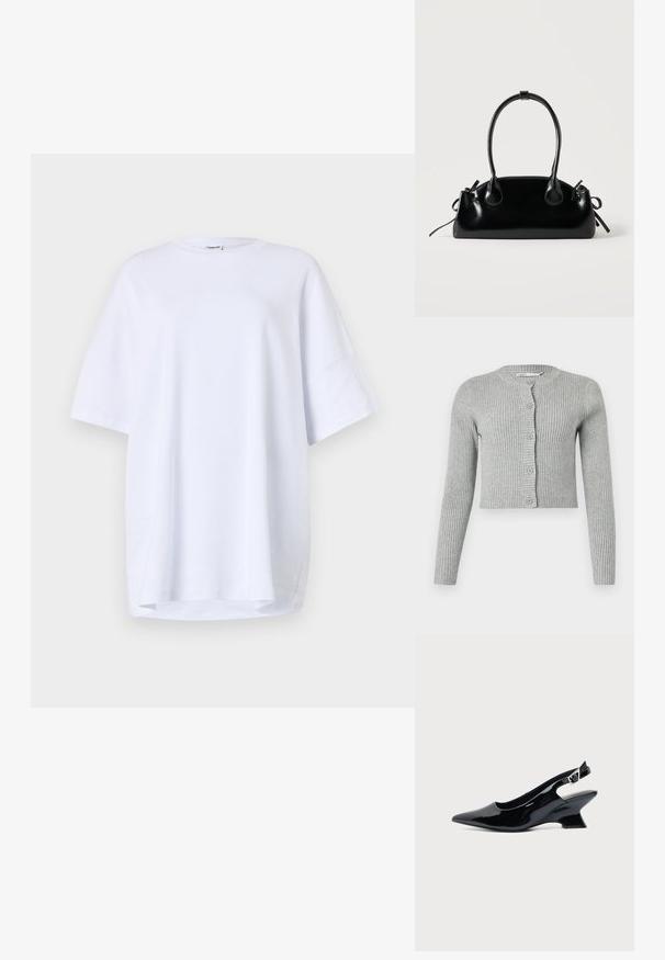 Grauer gerippter Cardigan mit langen Ärmeln, Knopfverschluss und rundem Ausschnitt. Verfügt über ein kurzes Design und eine weiche Struktur.; Oversized, kurzärmliges weißes T-Shirt aus Baumwolle. Runder Halsausschnitt, Seitenschlitze am Saum und glatte Textur ohne sichtbare Muster oder Akzente.; Schwarzer Slingback-Schuh aus Lackleder mit spitzer Spitze und niedrigem, schrägem Blockabsatz auf einfachem hellem Hintergrund.; Kleine schwarze glänzende Handtasche mit zwei langen Griffen und seitlichen Kordelzug-Details vor einfachem hellem Hintergrund.
