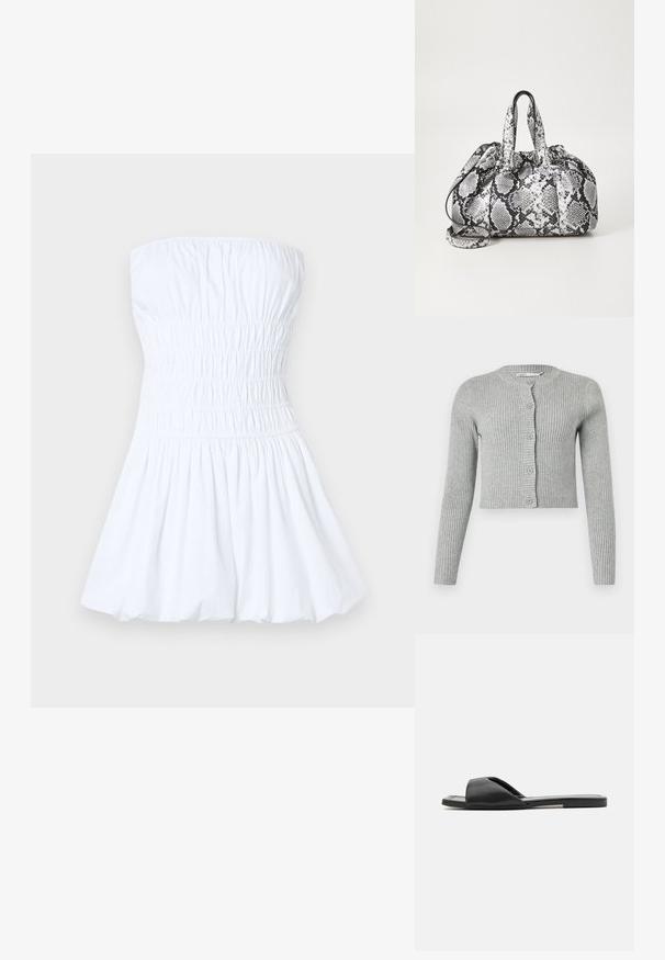 Grå ribbet cardigan med lange ærmer, knapfront og rund halsudskæring. Har en cropped design og blød tekstur.; Hvid stropfri kjole med en smocket liv og udvidet nederdel. Lavet af letvægts bomuld, har den en glat tekstur og en afslappet pasform.; Sorte slidesandaler har et glat syntetisk materiale, åben tå-designet og en flad sål med en minimal dekorationsstribe på siden.; Håndtaske med sort og hvid slidmønster, to håndtag, snøre lukning og aftagelig skulderrem. Glat tekstur.