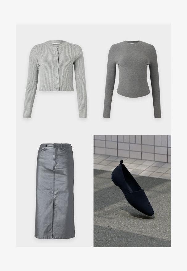 Grå ribbet cardigan med lange ærmer, knapfront og rund halsudskæring. Har en cropped design og blød tekstur.; Langærmet, tætsiddende grå ribstrikket sweater med rund halsudskæring og let buet kant, vist på en ensfarvet lys baggrund.; Metalgrå denim-nederdel med en lige form, for-slids, fem-lomme design og knaplukning i taljen. Flade sømme er synlige.; Sorte flade sko med spids tå, glat tekstur og minimalistisk design. Har en lille hæl og en løkke ved ryggen.