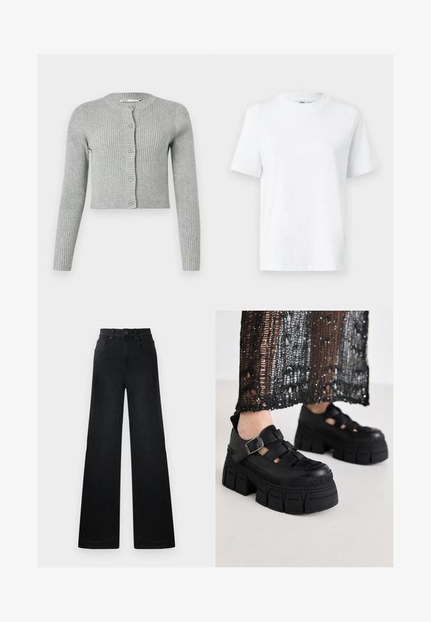 Grå ribbet cardigan med lange ærmer, knapfront og rund halsudskæring. Har en cropped design og blød tekstur.; Hvid bomulds T-shirt med rund hals, kortærmet og en glat tekstur. Designet med en afslappet pasform for komfort og alsidighed.; Bredde bukser i sort denim med en tætsiddende talje, udstyret med bæltestropper, for- og baglommer samt en glat tekstur.; Sorte platform sandaler med et chunky design, der har brede stropper og en sidelås. Fremstillet af tekstureret gummi med et logodetalje.