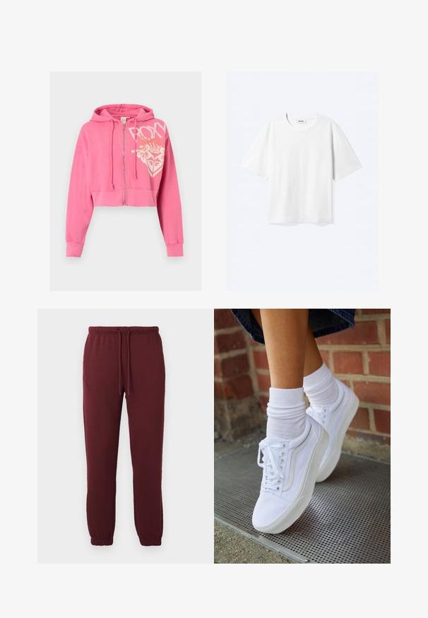 Roze cropped zip-up hoodie met capuchon met trekkoord en wit bloem- en kroongrafiek met "ROXY" tekst aan de voorkant rechts.; Witte T-shirt met korte mouwen en een ronde hals met rechte zoom, met een "WEEKDAY" merklabel aan de binnenkant van de hals.; Bordeaux joggerbroeken met elastische tailleband, trekkoord, zijzakken en elastische boorden op een effen witte achtergrond.; Witte canvas sneakers met rubberen zolen, voorzien van zes vetertjes, een ronde neus en lichte stikdetails, gecombineerd met witte enkelsokken.