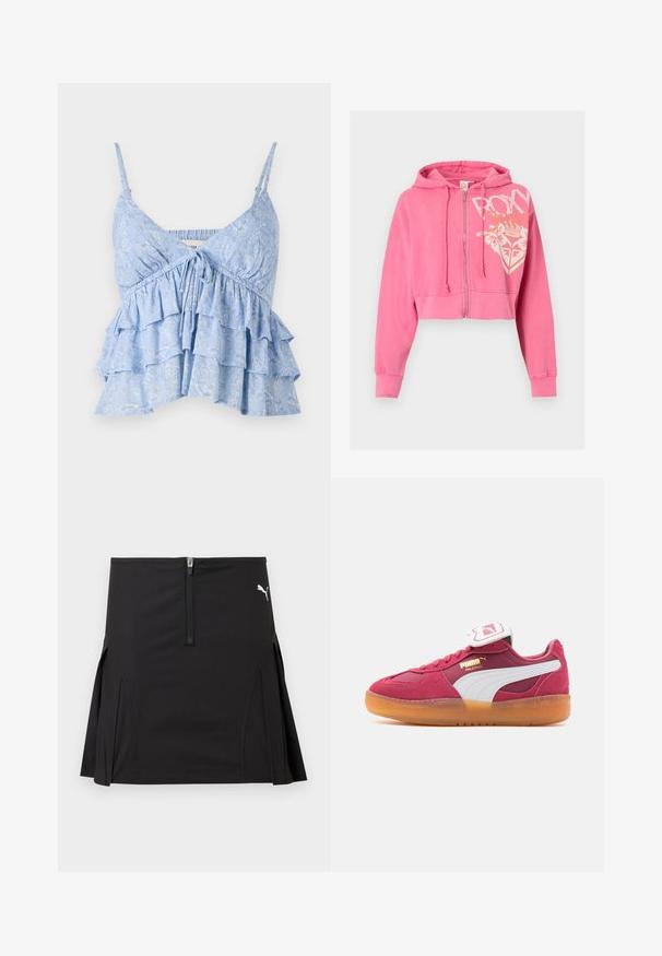 Pink cropped hættetrøje med lynlås, snøre i hætten og hvidt blomster- og kronegrafik med teksten "ROXY" på forsiden til højre.; Lyseblå, mønstret cami med justerbare spaghetti-stropper, der har en samlet bodice og lagdelt volangdesign. Blød stoftekstur.; Sort atletisk nederdel med lynlås foran og plisserede sider, med en hvid Puma-logo på øverste højre side.; Puma sneakers i dybrød ruskind med hvide accenter. Har en polstret sål og en gummisål for godt greb. Detalje med guld-logo.