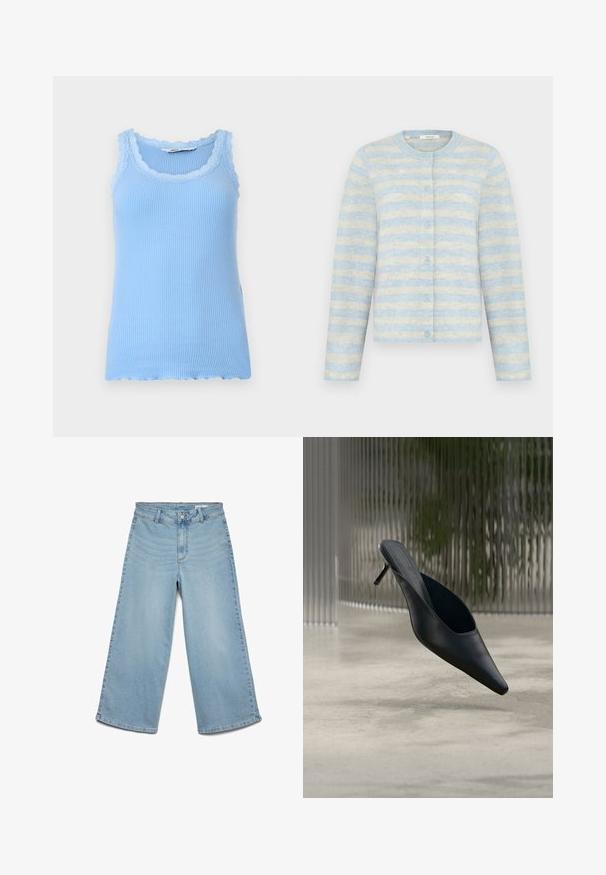 Cardigan long à manches longues rayé bleu clair et crème, avec un col rond et une fermeture à boutons sur le devant.; Débardeur bleu clair côtelé avec bordure en dentelle autour de l'encolure et des emmanchures, sans manches avec ourlet festonné.; Pantalon large en denim bleu clair avec passants pour ceinture, bouton devant et fermeture éclair, sans poches visibles.; Mule noire à bout pointu avec un talon fin et haut flottant au-dessus d'un sol en béton lisse, avec un arrière-plan flou à rayures verticales.
