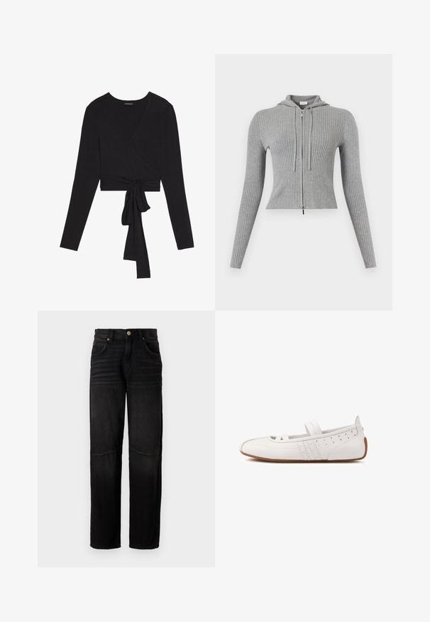 Sweat à capuche zippé en maille côtelée gris clair avec manches longues et cordons de serrage, coupe ajustée.; Even&Odd T-shirt à manches longues - black; Jean en denim noir avec une coupe droite, un style à cinq poches, une fermeture boutonnée et des détails légèrement décolorés au niveau des cuisses et des genoux.; Chaussure plate en cuir blanc avec deux brides élastiques, détails perforés et semelle en caoutchouc marron, vue de profil sur fond blanc.