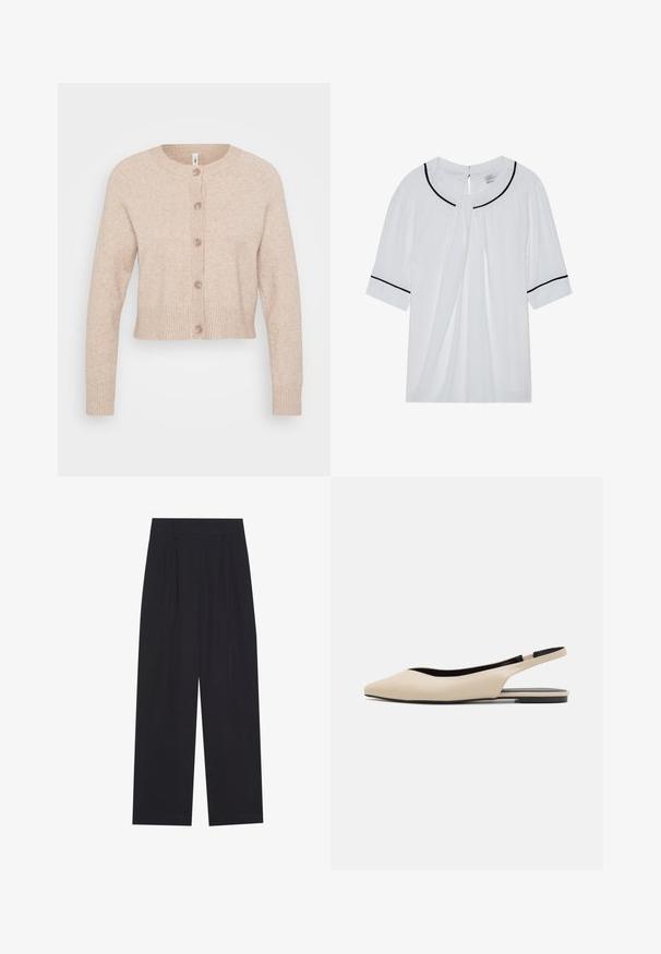 Cárdigan beige recortado hecho de tejido suave, con puños y dobladillo acanalados, que presenta seis botones grandes en el frente. Diseño simple y clásico.; Blusa blanca de manga corta con escote redondo, con ribete negro en el cuello y las mangas, y un cierre de ojal en la parte posterior.; Pantalones anchos negros de tela suave, con pliegues, cinturilla plana y sin bolsillos ni adornos visibles.; Bailarinas de piel beige con tiras traseras y puntera puntiaguda, diseño minimalista, textura suave y suela negra baja.