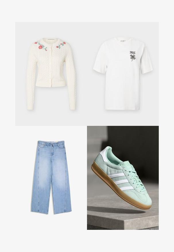 Hvid kabelstrikket cardigan med lange ærmer, knapper foran og rød blomsterbroderi nær den afrundede halsudskæring.; Hvid bomulds t-shirt med korte ærmer, en rund halsudskæring og en sort broderet kløver med tekst på venstre brystområde.; Lyseblå jeans med høj talje og vide ben, med lommer foran og bagpå, bæltestropper samt knap- og lynlåslukning.; Adidas Gazelle sneakers i mintgrønt ruskind med hvide accenter, snørebåndslukning og en sål i gummigummi. Har tre hvide striber.