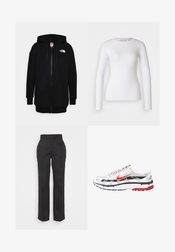 Sudadera negra con cremallera hecha de una mezcla de algodón, con un bolsillo tipo canguro, capucha con cordón y un logo blanco en el lado izquierdo del pecho.; Camisa blanca de manga larga hecha de tela acanalada, con un cuello redondo y una forma ajustada. No presenta patrones ni detalles.; Pantalones negros con una textura suave, diseño de pierna recta y cintura con cinturón. Presenta una silueta simple y clásica sin patrones adicionales.; Zapatillas deportivas en blanco y negro con detalles en rojo y dorado. Presentan una parte superior de malla, una suela acolchada y un diseño de cierre con cordones seguro.