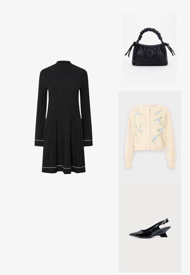 Cardigan en tricot crème à manches longues, boutons sur le devant et broderie de fleurs bleu clair avec feuilles vertes sur les côtés avant.; Robe en maille côtelée noire à manches longues avec col montant et détails en blanc sur les poignets et l'ourlet.; Chaussure slingback en cuir verni noir avec bout pointu et petit talon bloc incliné sur fond clair uni.; Sac à main noir avec texture crocodile, bord supérieur froncé, poignée plissée et pompons à cordon de chaque côté sur fond blanc.