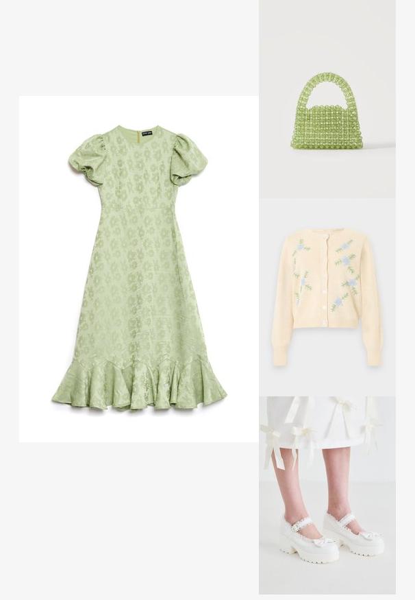 Kremfarvet strikket cardigan med lange ærmer, knapper foran og lyseblåt blomsterbroderi med grønne blade på forsiden.; Lysegrøn kjole med puffærmer, blomsterstruktureret stof og en flared ruffled bund. Har en lynlås i ryggen til lukning.; Koi Footwear TIRA RUFFLE MARY JANES PORCELAIN DELIGHTS EDITION - Plateaupumps - white; Lille grøn håndtaske lavet af gennemsigtige runde perler med en perlehankel på en ensfarvet hvid baggrund.