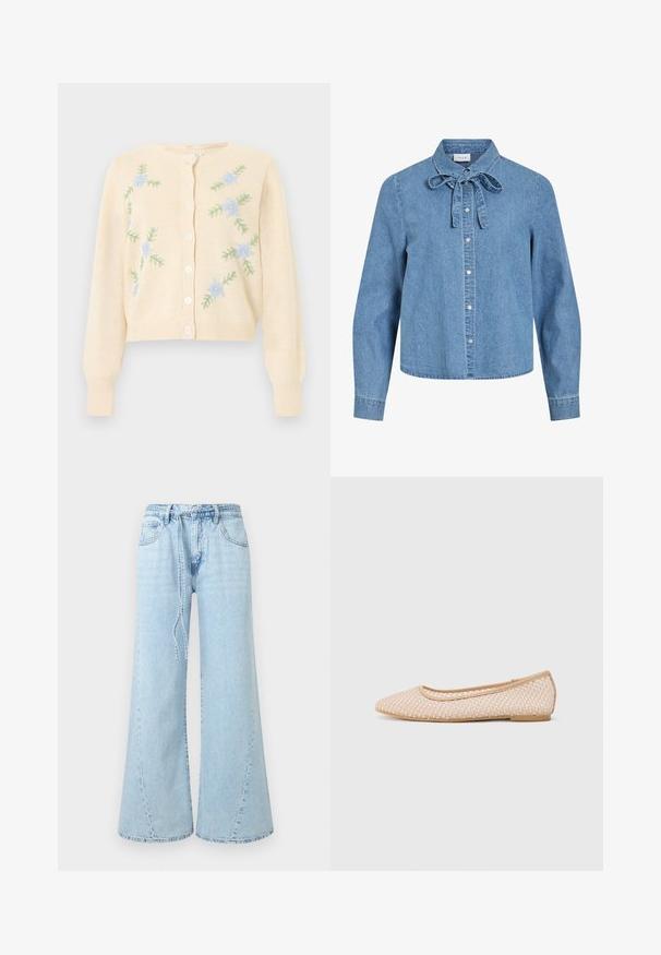 Kremfarvet strikket cardigan med lange ærmer, knapper foran og lyseblåt blomsterbroderi med grønne blade på forsiden.; Lyseblå denimskjorte med lange ærmer, sølvfarvede trykknapper foran og en bundet sløjfe ved kraven.; Lyseblå vidde jeans med forlommer, bæltestropper og et løst bindebælte i taljen på ensfarvet baggrund.; Balletflade med spids tå, lavet af vævet beige materiale, med en fleksibel sål og en glat kant.