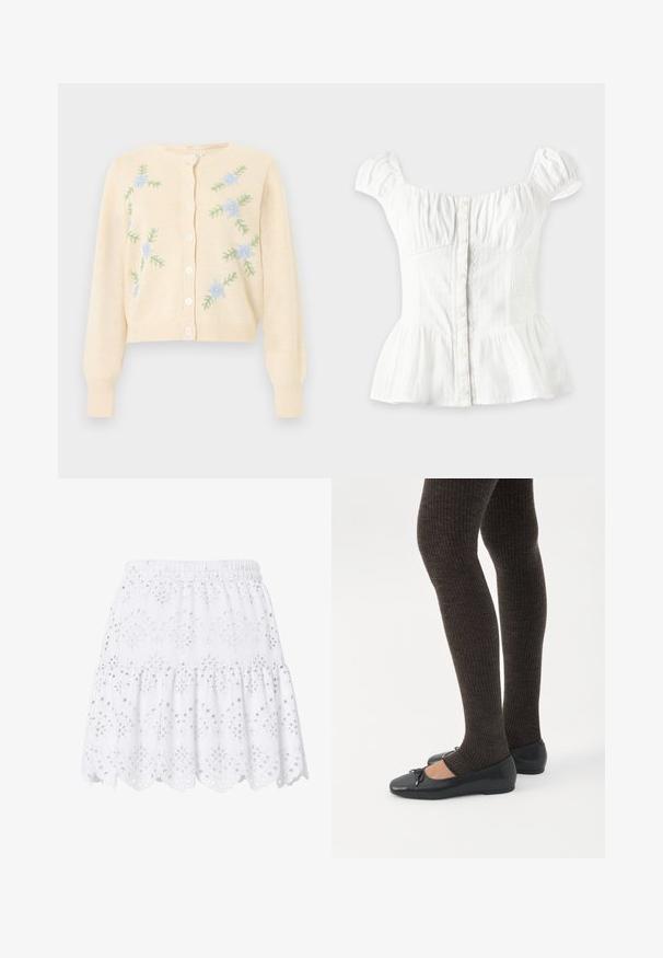 Cardigan en tricot crème à manches longues, boutons sur le devant et broderie de fleurs bleu clair avec feuilles vertes sur les côtés avant.; Blouse blanche à manches courtes avec boutons sur le devant, poitrine froncée, côtés élastiques, manches bouffantes et bas évasé sur fond clair.; Jupe courte blanche à volants avec taille élastique, broderie anglaise et ourlet festonné décoré de motifs floraux.; Jambes portant des leggings côtelés foncés associés à des ballerines noires avec de petits détails en nœud sur fond blanc.