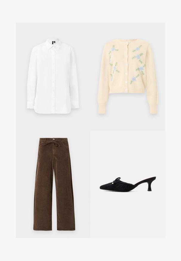 Kremfarvet strikket cardigan med lange ærmer, knapper foran og lyseblåt blomsterbroderi med grønne blade på forsiden.; Hvid langærmet skjorte med knapper, spids krave, standard manchetter og lige kant mod en ensartet lys baggrund.; Brune brede corduroy bukser med en frontknap og et bundet stofbælte i taljen, der har frontlommer.; Sort ruskind mule med spids tå, rynket overdel, dekorativ sløjfe og mellemhøj kittenhæl på en ensartet lys baggrund.