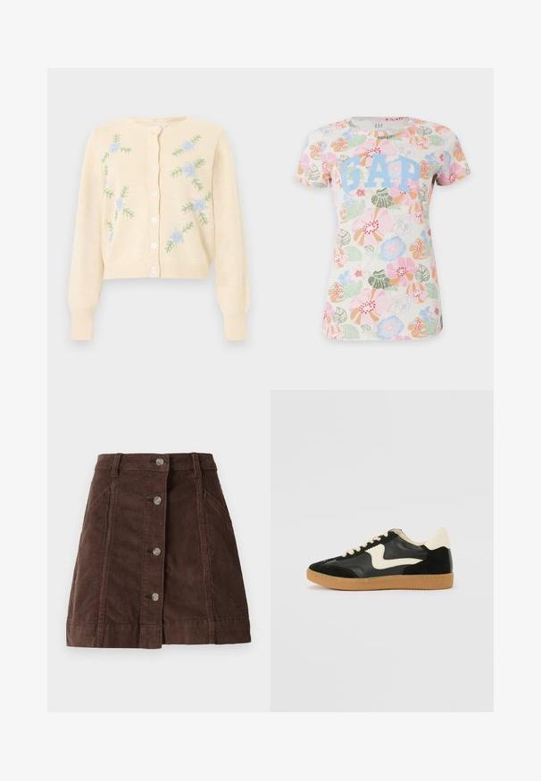 Cardigan en tricot crème à manches longues, boutons sur le devant et broderie de fleurs bleu clair avec feuilles vertes sur les côtés avant.; T-shirt blanc à manches courtes avec des motifs floraux colorés rose, vert, bleu et orange et un grand texte bleu clair "GAP" sur le devant.; Jupe A-line en velours côtelé marron avec fermeture à boutons sur le devant et poches latérales, dotée de passants de ceinture et de détails de coutures verticales.; Baskets en daim et cuir noir avec un swoosh latéral crème et un talon crème clair. Dotées de lacets beige et d'une semelle en caoutchouc gomme.