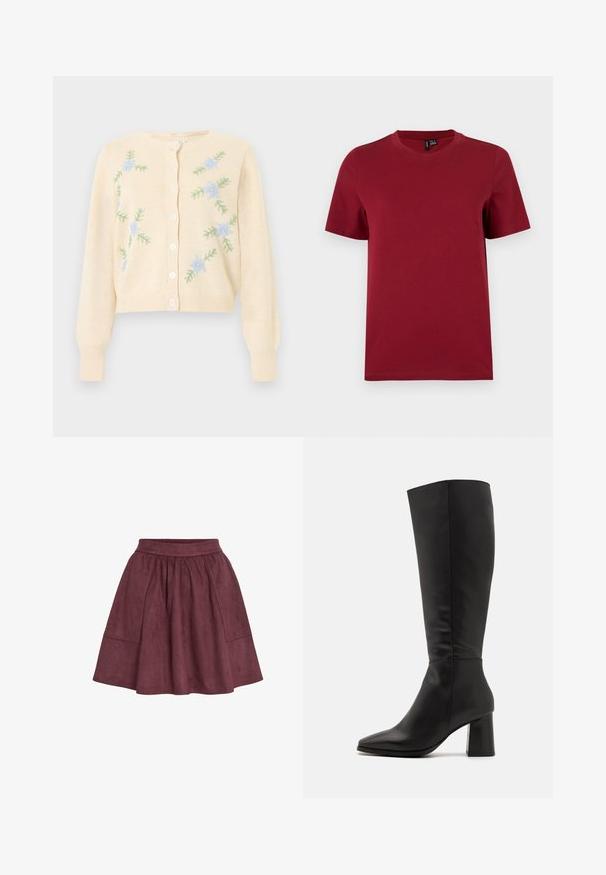Kremfarvet strikket cardigan med lange ærmer, knapper foran og lyseblåt blomsterbroderi med grønne blade på forsiden.; Simples t-shirt med korte ærmer og rund hals i ensartet mørkerød farve, vist fladt mod en lys baggrund.; Bordeaux ruskindsnederdel med en flagrende form, elastisk talje og to sidelommer, der har en blød tekstur og minimalistisk design.; Sort knæhøje støvler lavet af glat læder. Har spidse tæer og en kraftig, struktureret blokhæl. Minimal sydetaljer.