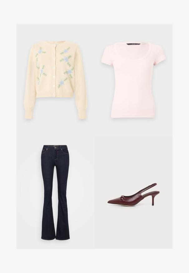 Kremfarvet strikket cardigan med lange ærmer, knapper foran og lyseblåt blomsterbroderi med grønne blade på forsiden.; Lys pink dame top med korte ærmer og ribbet materiale med firkantet udskæring, vist mod en ensfarvet hvid baggrund.; Mørkeblå udvidede jeans lavet af denim. Har fem lommer, lynlås foran og kontrasterende guldsytrådsøm langs sømmene. Glat tekstur.; Bourgogne læder slingback pumpe med spids tå, lav stilet hæl og lille knudedetalje foran, vist på ensfarvet baggrund.