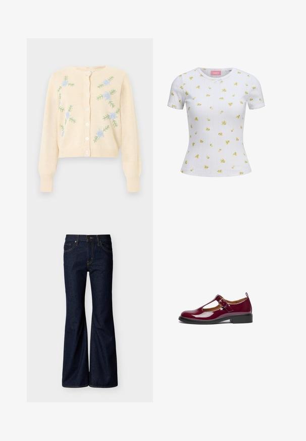 Cárdigan de punto color crema con mangas largas, botones frontales y bordado de flores azul claro con hojas verdes en los lados frontales.; Camiseta blanca ajustada de manga corta con pequeño estampado floral amarillo y sutil patrón vertical, cuello redondo y pequeño detalle de lazo en el frente.; Vaqueros de mezclilla azul oscuro con piernas acampanadas, cierre frontal de botones y cremallera, y diseño de cinco bolsillos con costuras en contraste.; Zapato de charol burdeos estilo Mary Jane con punta redondeada, tira en T, hebilla ajustable y tacón bajo. Textura suave y diseño sencillo.