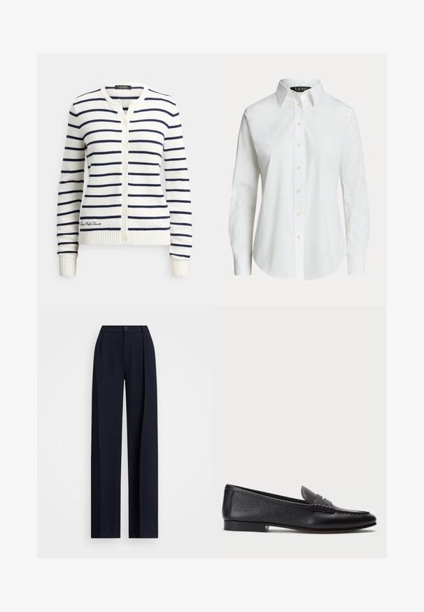 Cardigan blanc avec des rayures horizontales bleu marine, des poignets et un ourlet côtelés. Comprend une fermeture à boutons et un détail de logo brodé à l'avant.; Chemise blanche à manches longues, boutonnée, avec un col classique et des boutons visibles à l'avant, présentée sur un fond uni.; Pantalons larges bleu marine avec plis, fermeture par bouton et texture de tissu lisse. Conçus pour un ajustement ample et confortable.; Mocassin en cuir noir avec une finition texturée, doté d'une sangle décorative et d'un talon plat. Design épuré et minimal avec un bout arrondi.