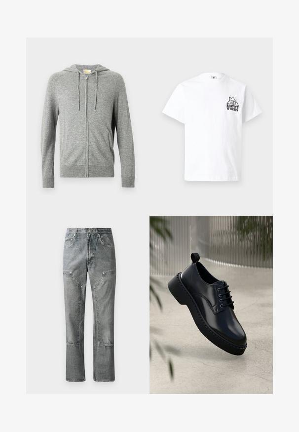 Sudadera con capucha gris con cremallera, capucha con cordón, puños acanalados y textura lisa. Cuenta con bolsillos laterales y un diseño frontal limpio.; Camiseta blanca de manga corta con texto negro "SERVICE WORKS" y gráfico con forma de montaña en el lado izquierdo del pecho.; Jeans de mezclilla gris con corte recto, que cuentan con bolsillos frontales, costuras visibles y un acabado desgastado. El material tiene una textura suave.; Zapato de piel negra con punta redondeada, diseño con cordones y suela de goma gruesa con un borde texturizado. Acabado elegante y hardware minimalista.