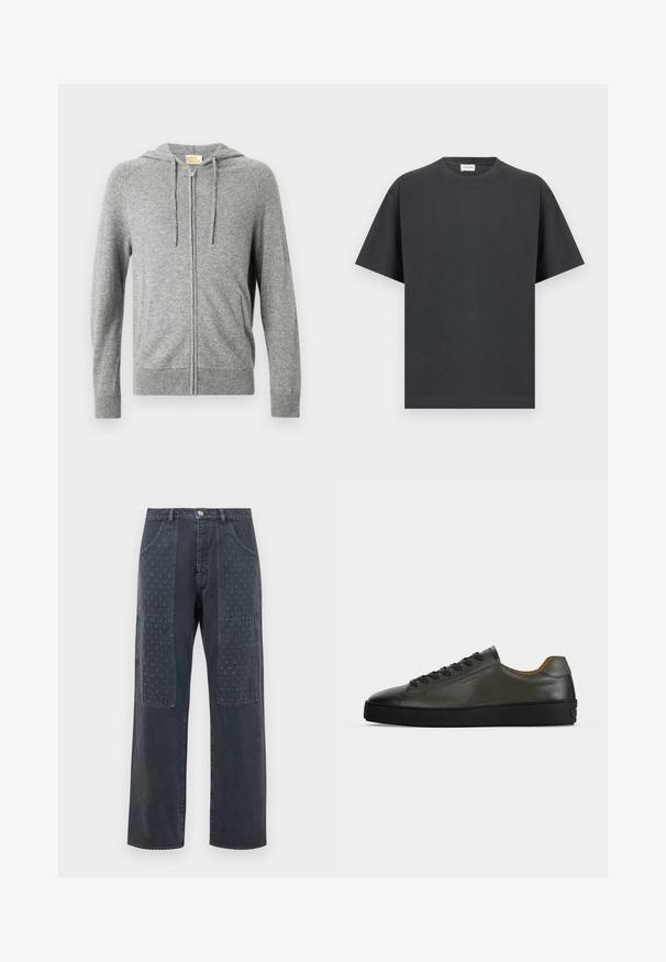 Sudadera con capucha gris con cremallera, capucha con cordón, puños acanalados y textura lisa. Cuenta con bolsillos laterales y un diseño frontal limpio.; Camiseta negra de manga corta con cuello redondo y dobladillo recto, exhibida extendida sobre un fondo gris claro.; Vaqueros gris oscuro con corte de pierna ancha, que presentan parches decorativos en la parte frontal con un sutil patrón floral y detalles de bolsillo estándar.; Zapatilla baja de piel gris oscuro con cordones y suela negros, diseño minimalista, perfil lateral sobre un fondo claro y liso.