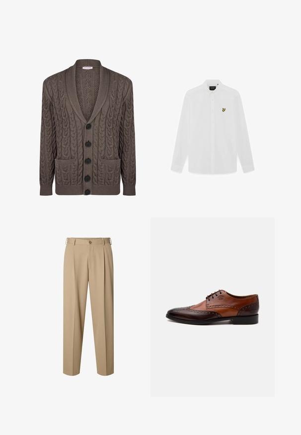 Brun strikket cardigan med kabelstrik-design, sjalskrave, fem sorte knapper og to forlommer.; Hvid langærmet skjorte med knapper, foldet krave og lille gult fuglelogo på venstre brystside.; Beige skræddersyede bukser med forreste læg, bæltestropper, knaplukning og lige ben-design.; Tofarvet brun læder herreselskabssko med brogue-detaljer og snørelukning set fra siden på hvid baggrund.