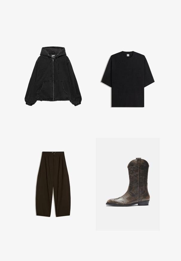 PULL&BEAR STWD - Sweatjakke - black; Sort oversized t-shirt med rund hals og korte ærmer, lagt fladt på hvid baggrund, Bershka-mærket synligt inde i kraven.; Mørkebrune viddebenbukser med folder, bæltestropper og lukkes med knap foran.; Brune læder cowboystøvle med en høj skaft, spids tå, intrikate syning mønstre og en lille hæl. Struktureret finish hele vejen igennem.