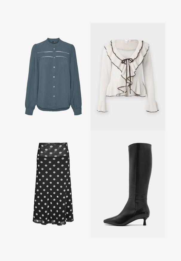 Cardigan en tricot ivoire avec un col froncé, des bordures marron foncé, un système de fermeture à cordon et des manches évasées. Texture douce et ourlet évasé.; Blouse bleu sarcelle à manches longues avec boutonnage sur le devant, col rond, empiècement froncé avec détails en dentelle sur la poitrine et manches avec poignets.; Jupe midi noire à pois blancs avec une large ceinture en tissu mesh.; Zign Bottes - black