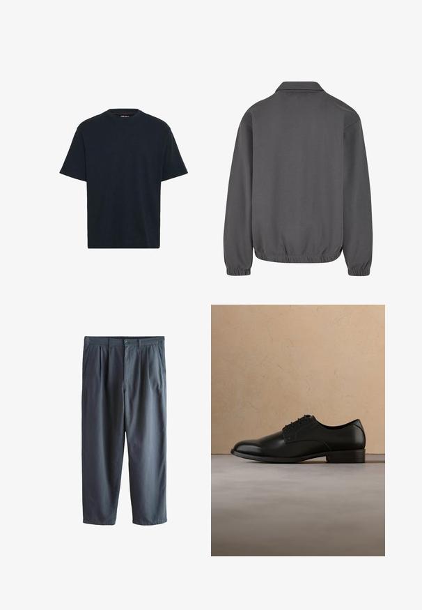 Grå sweatshirt med krave, elastiske manchetter og kant. Glat tekstur, afslappet pasform og minimalistisk design uden synlige logoer.; Marineblå bomulds T-shirt med rund hals, korte ærmer og en afslappet pasform. Glat tekstur uden synlige mønstre eller accenter.; Marineblå skræddersyede bukser med bæltestropper, sidelommer, forlommer med læg, knaplukning og lynlås, vist fladt på en hvid baggrund.; Sort lædersko svæver over beige vævet tæppe, med rundt træ sofabord og stablede bøger i blød fokus i baggrunden.