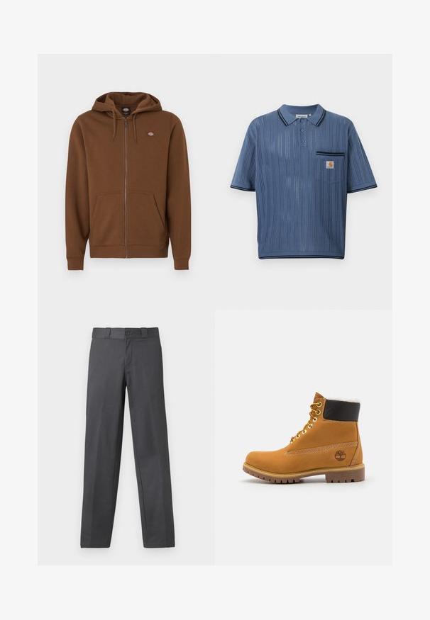 Hoodie marron à fermeture éclair en tissu doux, avec une poche kangourou, une capuche avec cordons de serrage, et un petit logo sur la poitrine supérieure.; Polo en maille bleu avec rayures verticales ajourées, patte de boutonnage à trois boutons, poche poitrine avec logo Carhartt et bordures noires sur le col et les manches.; Pantalon gris en tissu lisse, avec une coupe droite, une fermeture à bouton et des passants de ceinture ; coutures minimales et sans motifs.; Bottine en cuir brun avec œillets en métal, doublure en fourrure blanche, col rembourré noir, semelle robuste et logo en relief sur le côté.