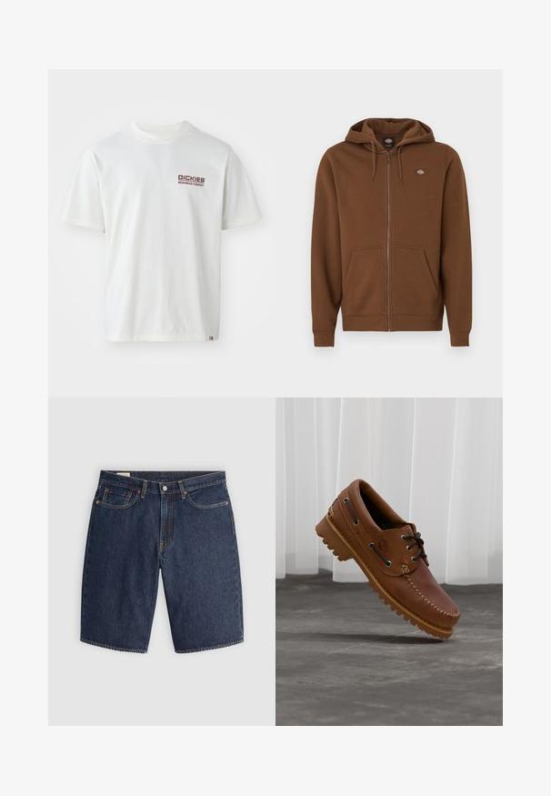Brauner Kapuzenpullover mit Reißverschluss aus weichem Stoff, mit Kängurutasche, Kapuze mit Kordeln und kleinem Logo auf der oberen Brust.; Weißes Baumwoll-T-Shirt mit kurzen Ärmeln, Rundhalsausschnitt und einem roten Logo auf der linken Brustseite. Schlichtes Design ohne Muster.; Dunkelblaue Denim-Shorts, ausgestattet mit einem klassischen Design, fünf Taschen, gestickten Nähten, einem Knopfverschluss und geschwungenen Gesäßtaschen.; Brauner Leder-Bootsschuh mit schwarzen Schnürsenkeln, beigen Nähten und einer robusten Sohle, schwebt über einem grauen Betonboden.