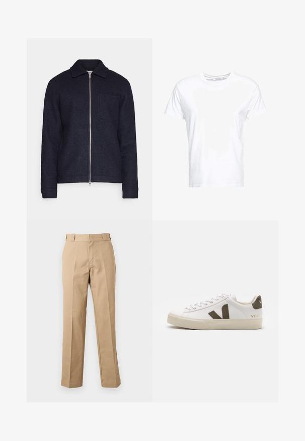 Veste bleu marine foncé en tissu texturé, avec une fermeture éclair à l'avant, un col et une poche sur la poitrine gauche. Manches longues avec poignets.; T-shirt en coton blanc avec un col rond et des manches courtes, au fit classique et à la texture lisse. Aucun motif ni accessoire visible.; Pantalon beige droit avec passants de ceinture, fermeture éclair à l'avant et plis marqués, présenté sur un fond blanc uni.; Baskets en cuir blanc avec une semelle en caoutchouc beige clair. Présentent un logo en V en daim marron et une languette de talon. Fermeture à lacets avec une surface texturée.