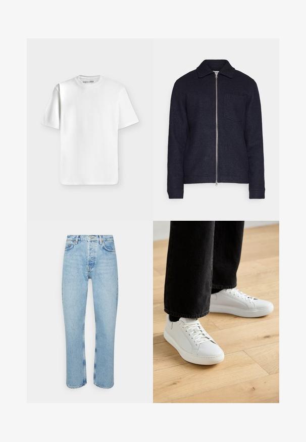 Veste bleu marine foncé en tissu texturé, avec une fermeture éclair à l'avant, un col et une poche sur la poitrine gauche. Manches longues avec poignets.; T-shirt blanc uni à manches courtes et col rond, posé à plat sur un fond gris clair avec une petite étiquette de marque à l’intérieur du col.; Jean en denim bleu clair avec une coupe droite, taille haute, design à cinq poches et détails de couture visibles sur les coutures et les ourlets.; Baskets basses en cuir blanc, avec un système de laçage, un bout arrondi et un design minimaliste. Associées à un jean noir slim.