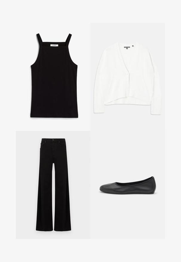 Witte gebreide cardigan met een diepe V-hals, geribbelde manchetten en zoom. Heeft twee zijzakken en een knoopsluiting aan de voorkant.; Zwarte tanktop met dunne spaghettibandjes, gemaakt van ribstof, met een rechte snit en een label op de hals dat "IVY OAK" zegt.; Zwarte wijde broekspijpen van denim, met een hoge taille, voorzakken en een eenvoudige metalen knoopsluiting.; Zwarte leren ballerina met een ronde neus, gladde textuur, minimale stikdetails en een flexibele zoolontwerp.