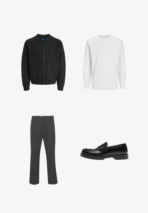 Mørkegrå ribbet cardigan med knapper foran, krave og lange ærmer. Lavet af struktureret strikket stof.; Langærmet hvid t-shirt lavet af bomuld. Har rund hals og ensfarvet design uden mønstre eller accenter. Blød, glat tekstur.; Sorte bukser med et lige ben design, lavet af vævet stof. Har en frontknaplukning og standard bæltesløjfer.; Sort læderloafer med en kraftig gummisål og klassiske penny-strap detaljer, vist fra ydersiden.