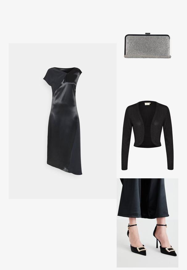 Must have must olla lühikeste varrukatega must kardigan, mis on valmistatud sädelevalt kootud kangast. Omab avatud esiosa ja ümarat serva.; Calvin Klein NAIA SHINE MIDI DRESS - Kokteilikleit/peokleit - black; Mustad satiin kõrge kontsaga kingad terava ninaga, dekoratiivse rhinestone pandlaga ja õhukeste pahkluu rihmadega.; Ruutujas hõbedane käekotis, mis on kaetud väikeste teemandikujuliste kivikestega, musta ja hõbedase metallraami ning klambri sulgemisega.