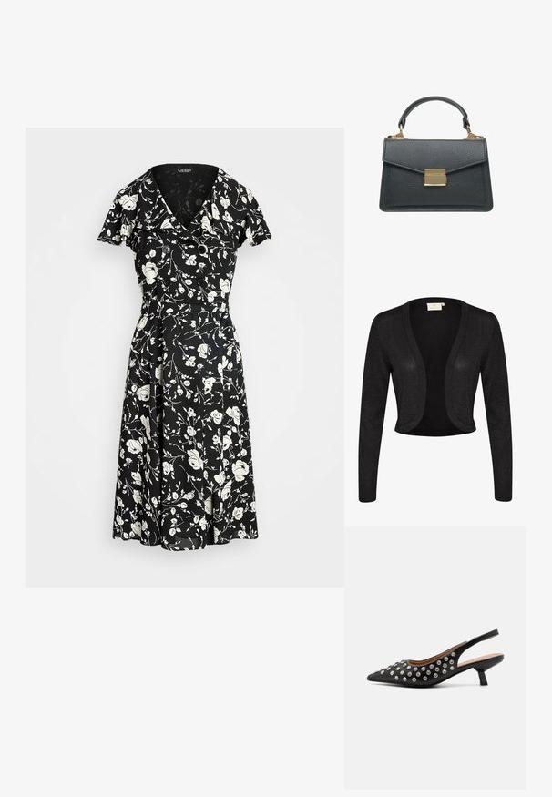 Gilet noir court avec des manches longues, fabriqué à partir d'un tissu tricoté scintillant. Présente un devant ouvert et des bords arrondis.; Robe noire avec motif floral blanc, manches courtes, décolleté en V et accents de boutons. Jupe évasée pour un ajustement fluide. Le matériau semble léger.; Escarpin noir à talon ouvert, à bout pointu, orné de clous en argent, avec un petit talon carré et une texture en cuir lisse.; Sac à main en cuir noir texturé avec une courte poignée et un fermoir rectangulaire doré sur le rabat avant.