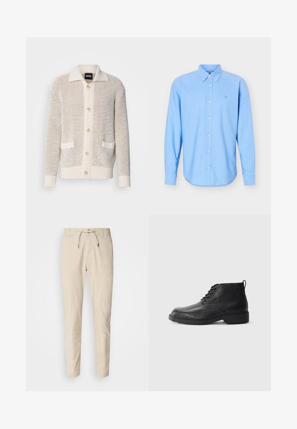 Beige cardigan med tekstur og knaplukning foran, der har en bred krave, to forlommer og ribbede manchetter. Materialet ser blødt og behageligt ud.; Lyseblå langærmet skjorte med knapper og knaplukket krave samt lille broderet logo på venstre bryst.; Lys beige bukser med en glat stoftekstur, elastisk talje og justerbar snor. Taperet ben-design. Ingen synlige mønstre.; Sorte læderstøvler med en tekstureret finish, rund tå, snørebånd foran og en robust gummisål. Har en lille træksløjfe bagpå.