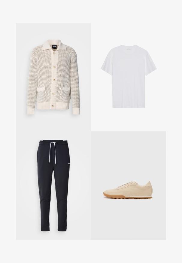 Beige cardigan med tekstur og knaplukning foran, der har en bred krave, to forlommer og ribbede manchetter. Materialet ser blødt og behageligt ud.; Hvid bomulds T-shirt med korte ærmer, rund hals og en glat tekstur. Har minimal branding på halsudskæringen.; Sorte slim-fit joggingbukser med hvid snor, elastisk talje med hvide striber og lille hvidt logo på den øverste lår.; Beige ruskinds sneakers med et strømlinet design, der har et struktureret overdel, rund tå og en gummisål med et zigzag-mønster.