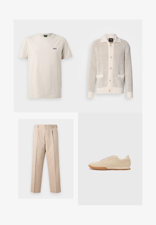 Cardigan beige texturé avec un devant boutonné, doté d'un large col, de deux poches avant et de poignets côtelés. Le matériau semble doux et confortable.; T-shirt en coton beige clair avec col rond, manches courtes et un petit logo noir "BOSS" sur la poitrine gauche. Texture lisse.; Pantalon beige à jambes droites avec plis, fermeture par bouton, passants pour ceinture et coupe ajustée.; Baskets en daim beige au design épuré, présentant une tige texturée, un bout rond et une semelle en caoutchouc avec un motif en zigzag.