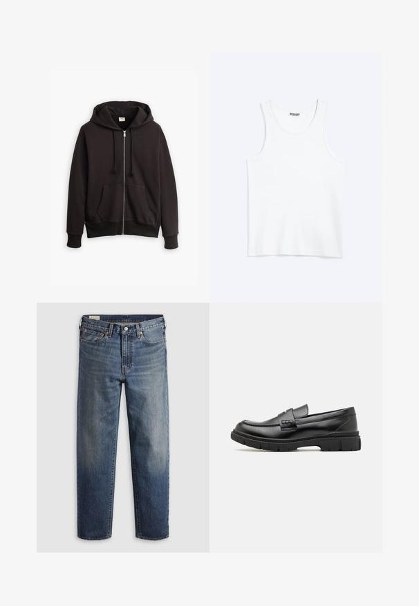 Schwarze Zip-up Hoodie mit einer Kapuze mit Kordelzug, Fronttaschen und gerippten Bündchen. Verfügt über ein kleines Levi's-Logo in Braun auf der Brust. Hergestellt aus einem Baumwoll-Mix.; Weißes ärmelloses Tanktop mit rundem Ausschnitt und Weekday-Markenetikett auf der Innenseite des hinteren Kragens, flach auf hellem Hintergrund dargestellt.; Dunkelblaue Jeans aus Denim mit lockerem Sitz, geraden Beinen, Fünf-Taschen-Design und dezentem Used-Look an den Oberschenkeln. Silberner Knopf und Nieten.; Schwarze Lederloafer mit einem breiten Riemen über dem Rist, Gummisohle mit dicken Profilen und glatter Textur. Klassisches, schlankes Design.