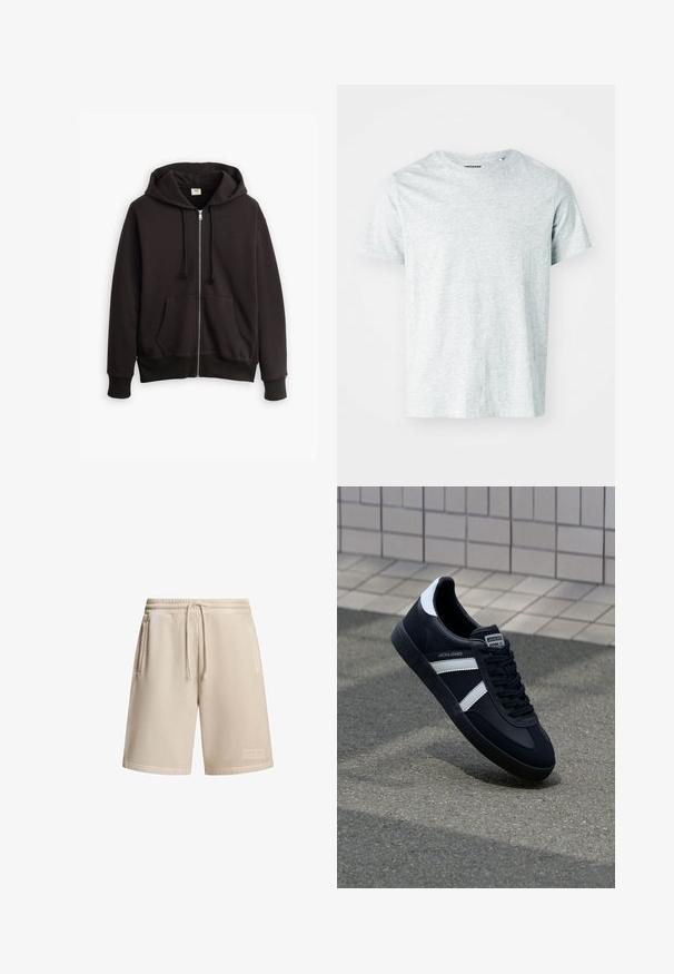 Sudadera con cremallera negra, capucha con cordón, bolsillos frontales y puños acanalados. Presenta un pequeño logotipo de Levi's en marrón en el pecho. Hecha de mezcla de algodón.; Camiseta de manga corta gris claro, confeccionada en una tela suave, con cuello redondo y un corte ligeramente relajado. Sin patrones ni gráficos visibles.; Pantalones cortos beige de tejido de algodón con una cinturilla elástica y cordón, que cuentan con dos bolsillos laterales y un pequeño parche con logo en el dobladillo.; Zapatilla de cuero negra con rayas blancas, suela de goma texturizada y parte frontal con cordones. Cuenta con una etiqueta de marca en la lengüeta.