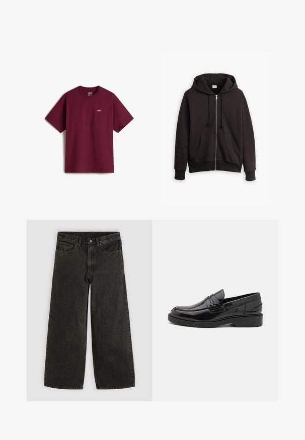 Sudadera con cremallera negra, capucha con cordón, bolsillos frontales y puños acanalados. Presenta un pequeño logotipo de Levi's en marrón en el pecho. Hecha de mezcla de algodón.; Camiseta de algodón marrón con mangas cortas, escote redondo y pequeño logo blanco de Vans en el pecho izquierdo. Textura suave, corte holgado.; Pantalones vaqueros negros de pierna ancha con botón y cremallera delanteros, trabillas para el cinturón y cinco bolsillos, colocados planos sobre un fondo blanco.; Mocasines de cuero negro con un acabado suave, punta redondeada, tacón bajo y costura decorativa en la parte delantera. Suela de goma para mayor agarre.