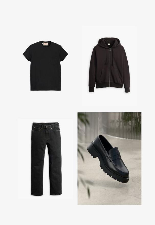 Sudadera con cremallera negra, capucha con cordón, bolsillos frontales y puños acanalados. Presenta un pequeño logotipo de Levi's en marrón en el pecho. Hecha de mezcla de algodón.; Camiseta de algodón negra con cuello redondo, mangas cortas y un bolsillo en el pecho izquierdo. Textura suave y diseño minimalista.; Jeans de mezclilla negros de pierna recta con cinco bolsillos, trabillas para cinturón y un cierre de botón en la cintura, dispuestas en una superficie plana sobre un fondo blanco.; Mocasines de cuero negro con suela gruesa, que presentan una correa decorativa y detalles de costura. Textura suave con un acabado pulido.