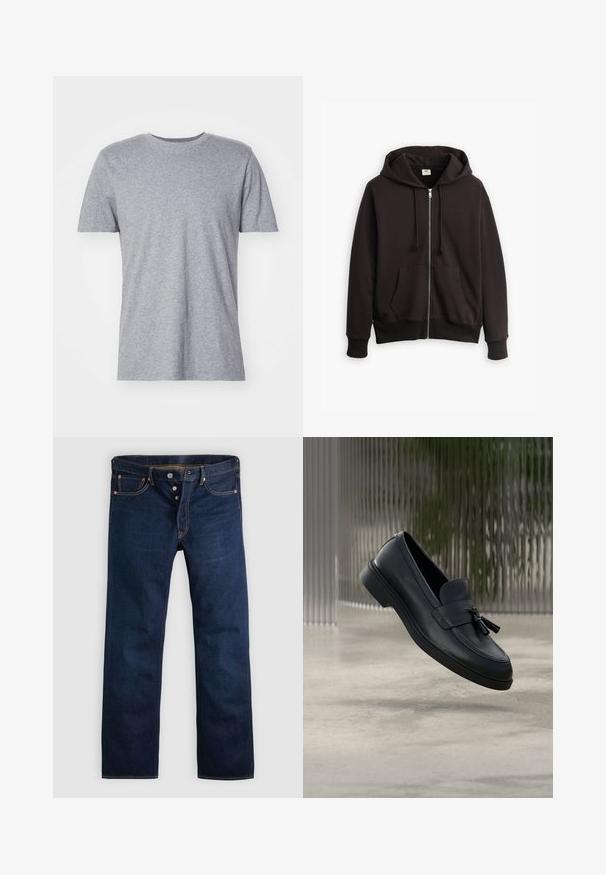 Sort zip-up hoodie med snørret hætte, frontlommer og ribbede manchetter. Har et lille Levi's-logo i brun på brystet. Lavet af bomuldsblanding.; Grå, kortærmet t-shirt lavet af en bomuldsblanding, der har en klassisk crew neckline og en glat, blød tekstur.; Mørkeblå denimjeans med lige ben, fem lommer og gyldne syninger. Har knaplukning og kobbernitter. Glat tekstur.; Sorte læderloafers med en glat tekstur, en rundet tå og dekorative kvaster foran. Fleksibel gummisål med lav hæl.