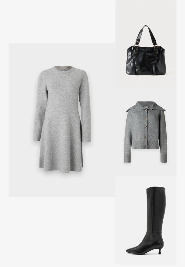 Grijze gebreide cardigan met een brede kraag, zeven knopen, geribbelde manchetten en zoom. Gemaakt van zacht materiaal met een textuurafwerking.; Grijze langslavend dress van zachte stof; heeft een ronde halslijn en een ontspannen pasvorm, die iets uitloopt aan de zoom met zijsplitten.; Zign by Zalando Laarzen - black; Zwarte leren schoudertas met dubbele bandjes bevestigd met gouden ringen en klinknagels, glad en licht glanzend oppervlak, eenvoudig ontwerp.
