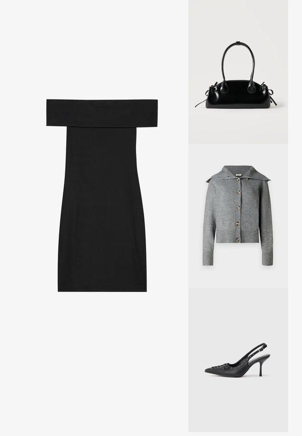 Grå strikket cardigan med bred krave, syv knapper, ribbede manchetter og kant. Fremstillet af blødt materiale med en tekstureret overflade.; Sort off-shoulder kjole lavet af ribbet stof. Designet har en tætsiddende form og en lige kant, der fremhæver en glat tekstur.; Sorte læder slingback stiletto med spids tå, side spændebånd, nitter langs kanten og dekorativ snøring foran.; Lille sort blank håndtaske med to lange håndtag og snøre-detaljer i siden på en ensfarvet lys baggrund.